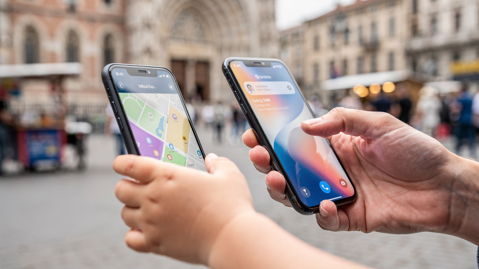 Bir annenin, çocuğunun elinde tuttuğu telefondan harita uygulamasına bakarken, diğer eliyle de kendi telefonundaki eSIM uygulamasını kontrol ettiği yakın çekim.