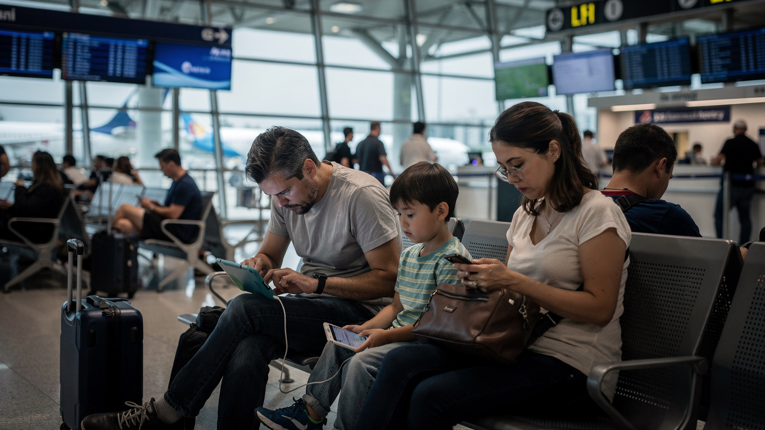 一家三口在香港國際機場的登機口,父親正在為孩子的平板電腦充電,母親在低頭看手機,孩子們顯得有些焦慮,展示了旅行中設備電量管理和家庭娛樂的需求。