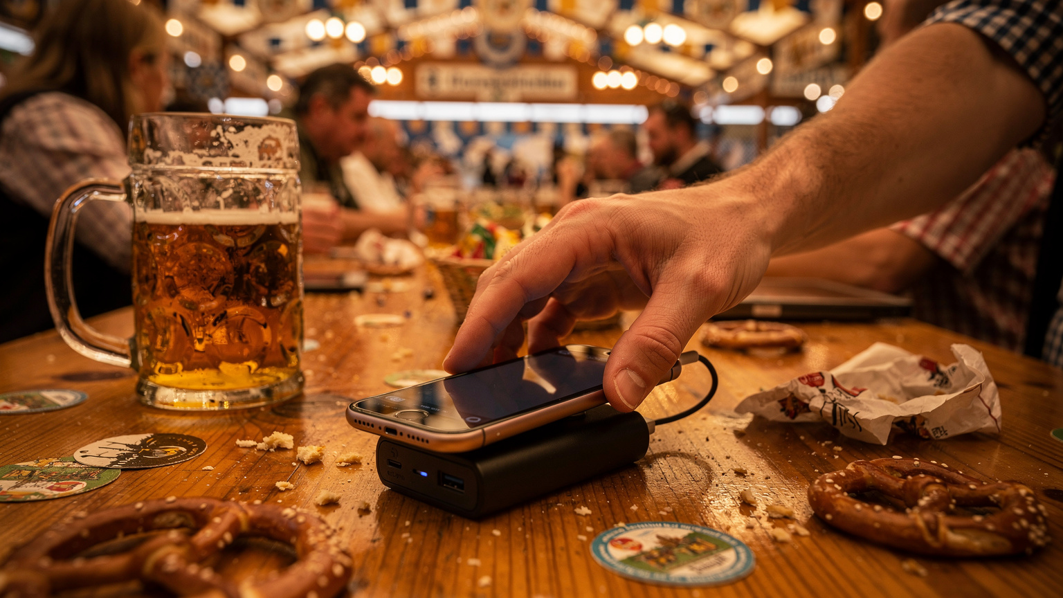 En person lader en smarttelefon med en powerbank på et overfylt bord i et Oktoberfest-telt, med et delvis tomt ølkrus i forgrunnen.