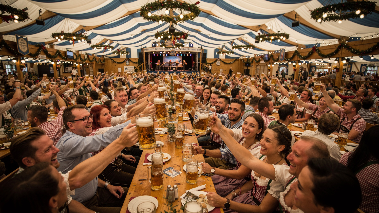 En livlig folkemengde feirer inne i et tradisjonelt Oktoberfest-telt, med mennesker som løfter store ølkrus og en feststemt atmosfære.