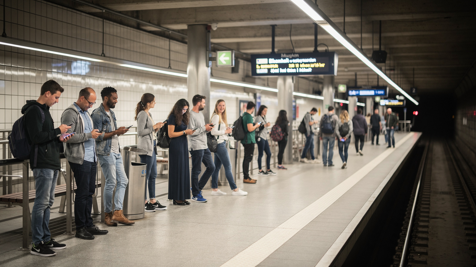 En travel U-Bahn-plattform i München med pendlere som venter på et tog, og digitale skjermer som viser ankomsttider.