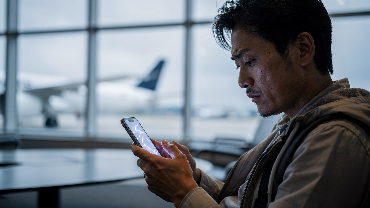 空港の出発ゲートで、スマートフォンの画面を心配そうに見つめる旅行者。隣には飛行機の窓が見え、出発前の不安な瞬間を捉えている。