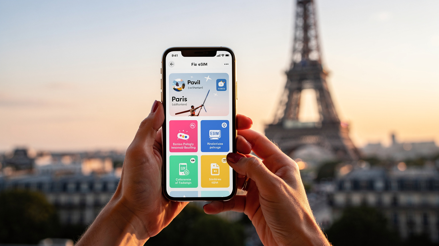 Tangan seorang wanita sedang memegang ponsel pintar dengan aplikasi Cellesim terbuka di layar, menampilkan opsi paket eSIM untuk Paris, dengan latar belakang Menara Eiffel di kejauhan pada senja hari.