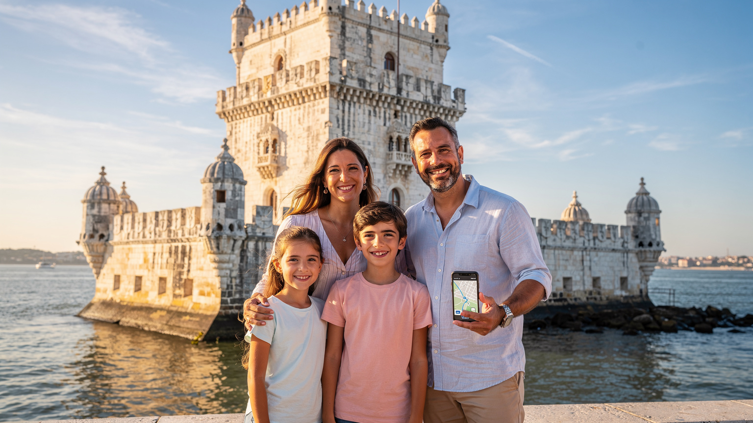 Una familia española, padre, madre y dos hijos, posan sonrientes frente a la icónica Torre de Belém en Lisboa, Portugal, mientras consultan un mapa digital en un smartphone con una eSIM activa. El cielo es azul claro y el río Tajo brilla de fondo.