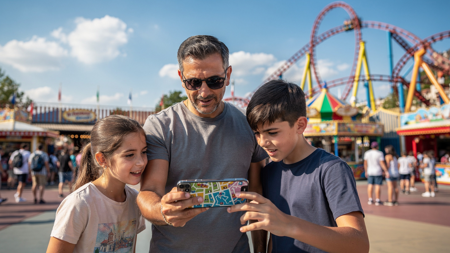 Un padre español con gafas de sol y dos niños, una niña y un niño, están en un parque temático en Francia, mirando un mapa digital en su teléfono con una eSIM activa. Detrás de ellos, una emocionante montaña rusa se eleva en el cielo azul.