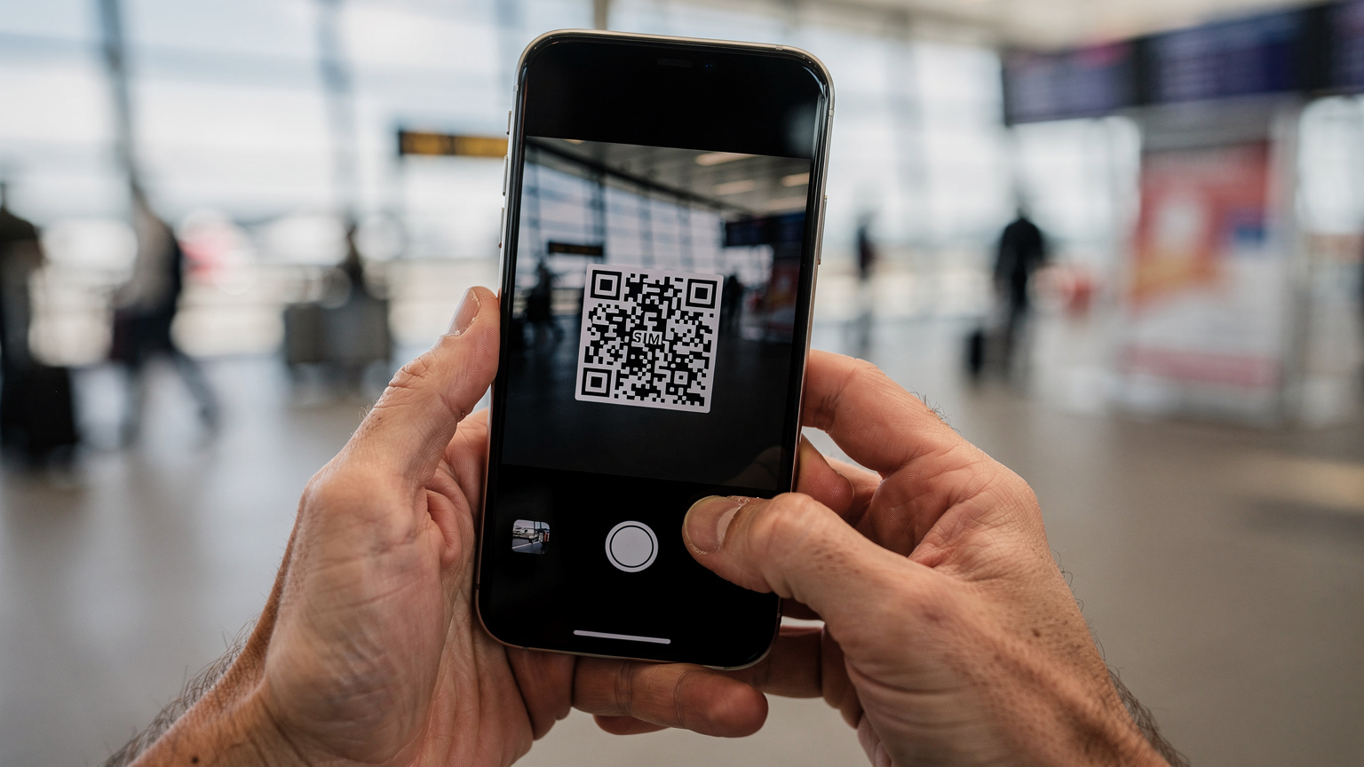 Un primer plano de unas manos humanas sosteniendo un smartphone, mostrando la interfaz de la cámara escaneando un código QR para activar una eSIM. El fondo está desenfocado, insinuando un entorno de viaje como un aeropuerto o una estación de tren.