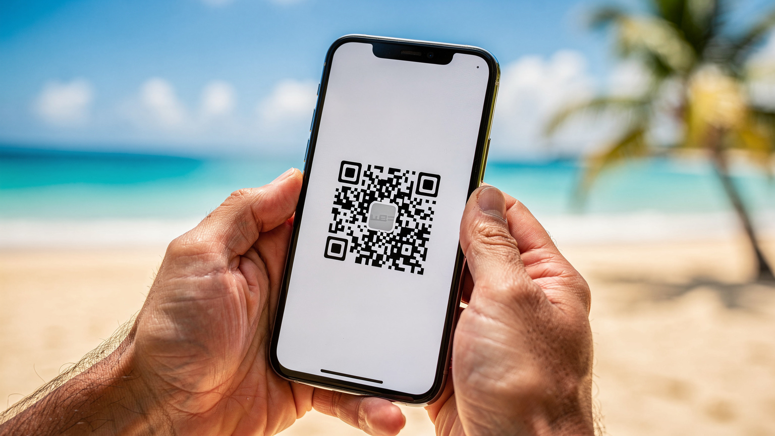 Ein Smartphone wird von zwei Händen gehalten, die eine eSIM installieren. Der Bildschirm zeigt eine QR-Code-Scan-Oberfläche, während im Hintergrund verschwommen ein sonniger karibischer Strand zu sehen ist.