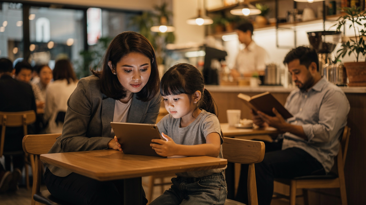 Seorang ibu sedang memerhatikan anak perempuannya dengan teliti yang sedang melayari tablet di sebuah kafe yang sibuk di Tokyo, sementara bapanya sedang membaca buku di latar belakang, menunjukkan keseimbangan antara masa skrin dan aktiviti keluarga.