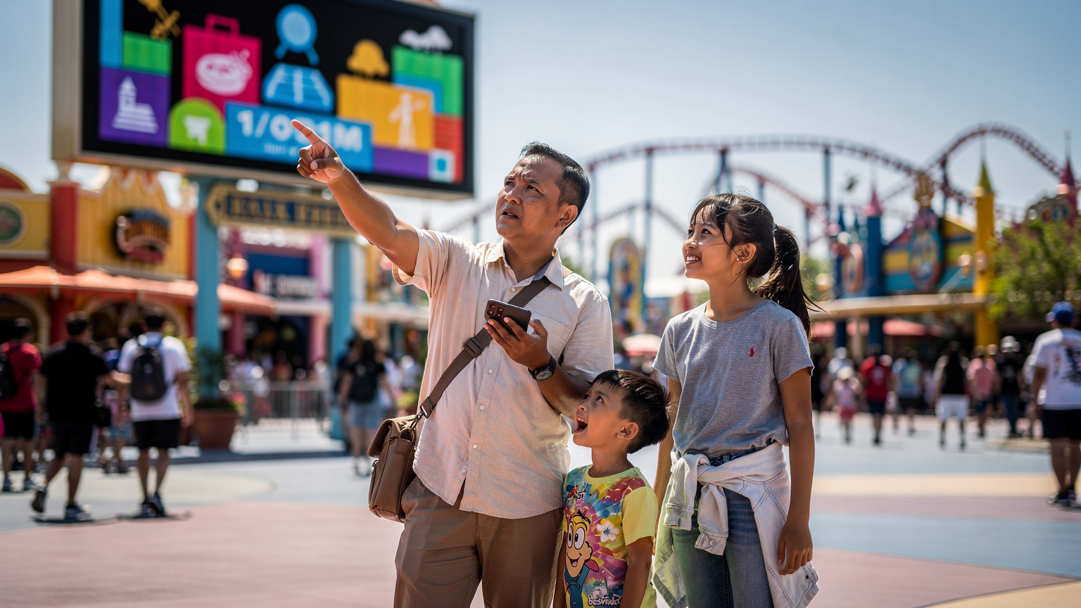 Seorang bapa sedang menunjuk ke arah papan tanda digital di taman tema Universal Studios Japan, dengan anak-anaknya melihat dengan teruja, sambil memeriksa telefon pintarnya untuk navigasi.