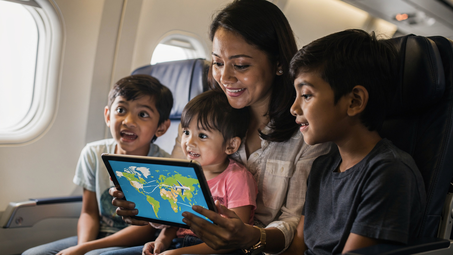 Seorang ibu sedang menunjukkan iPad kepada anak-anaknya di dalam kapal terbang, menunjukkan peta laluan penerbangan sambil mereka bersemangat melihat ke luar tingkap.