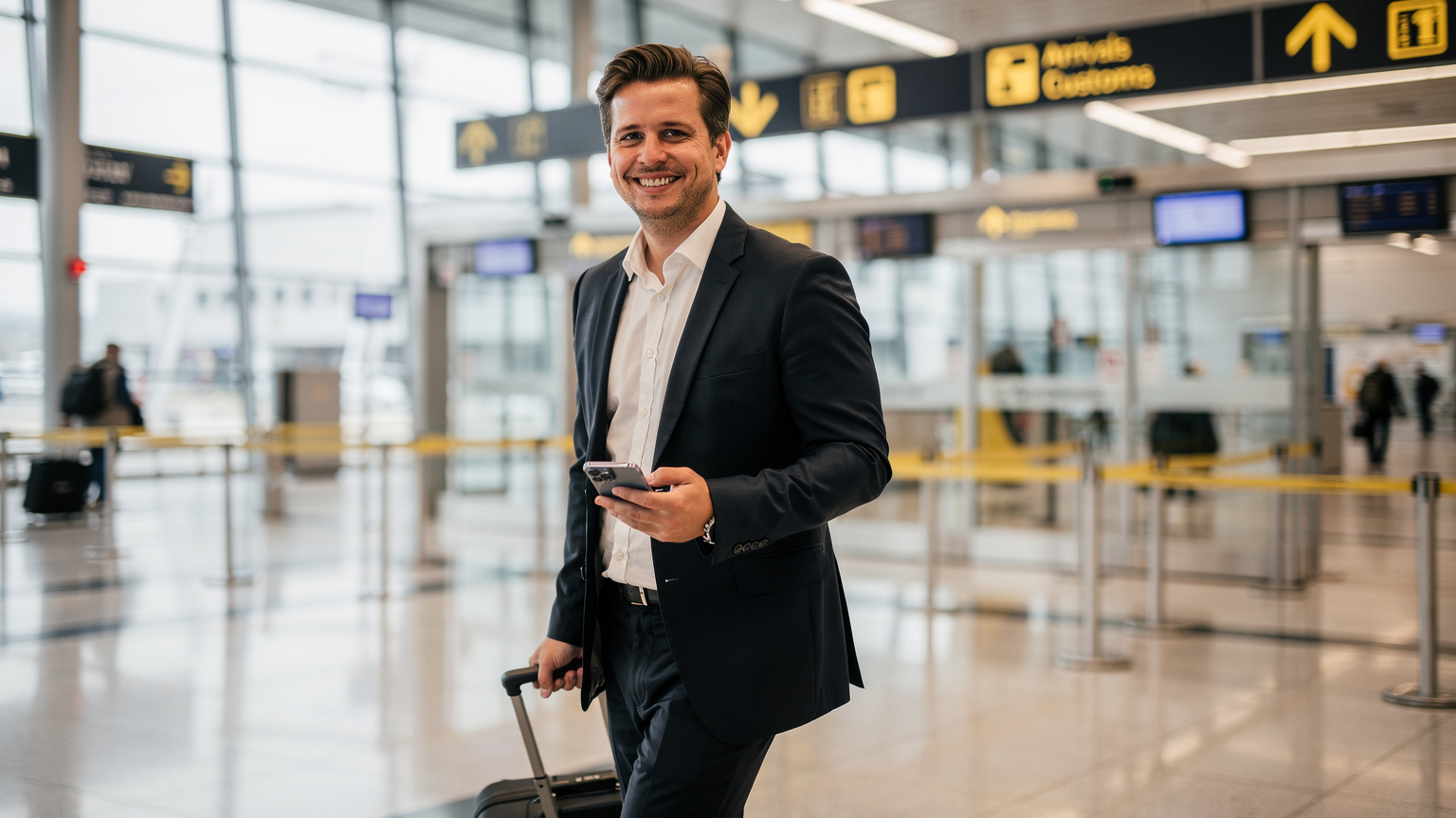 Un professionnel souriant traversant une porte de douane à l'aéroport d'Amsterdam Schiphol, son téléphone à la main, l'air confiant et connecté, avec des panneaux de direction multilingues en arrière-plan.