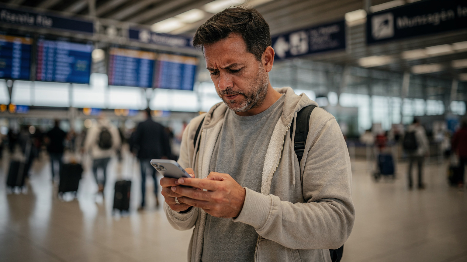 Un voyageur à la mine fatiguée et stressée, vérifiant son téléphone après un long vol à l'aéroport de Lisbonne, avec des écrans d'information de vol flous en arrière-plan, symbolisant le défi de rester connecté après l'arrivée.