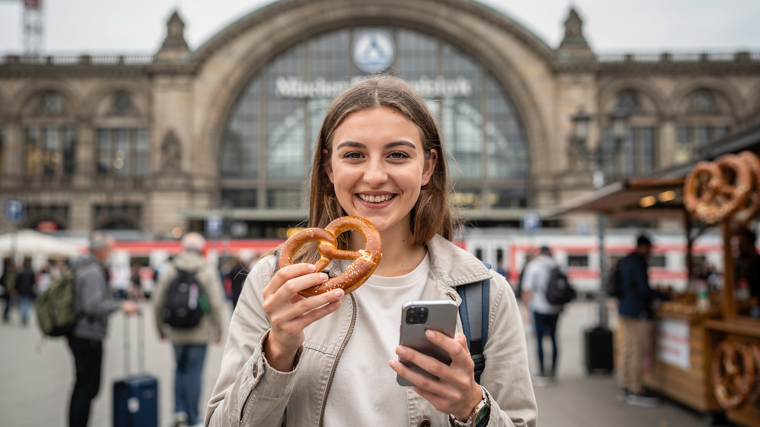 Une étudiante souriante tenant son téléphone tout en dégustant une Brezel fraîche devant la gare Hauptbahnhof de Munich, symbolisant la facilité de voyager et de rester connectée en Europe.