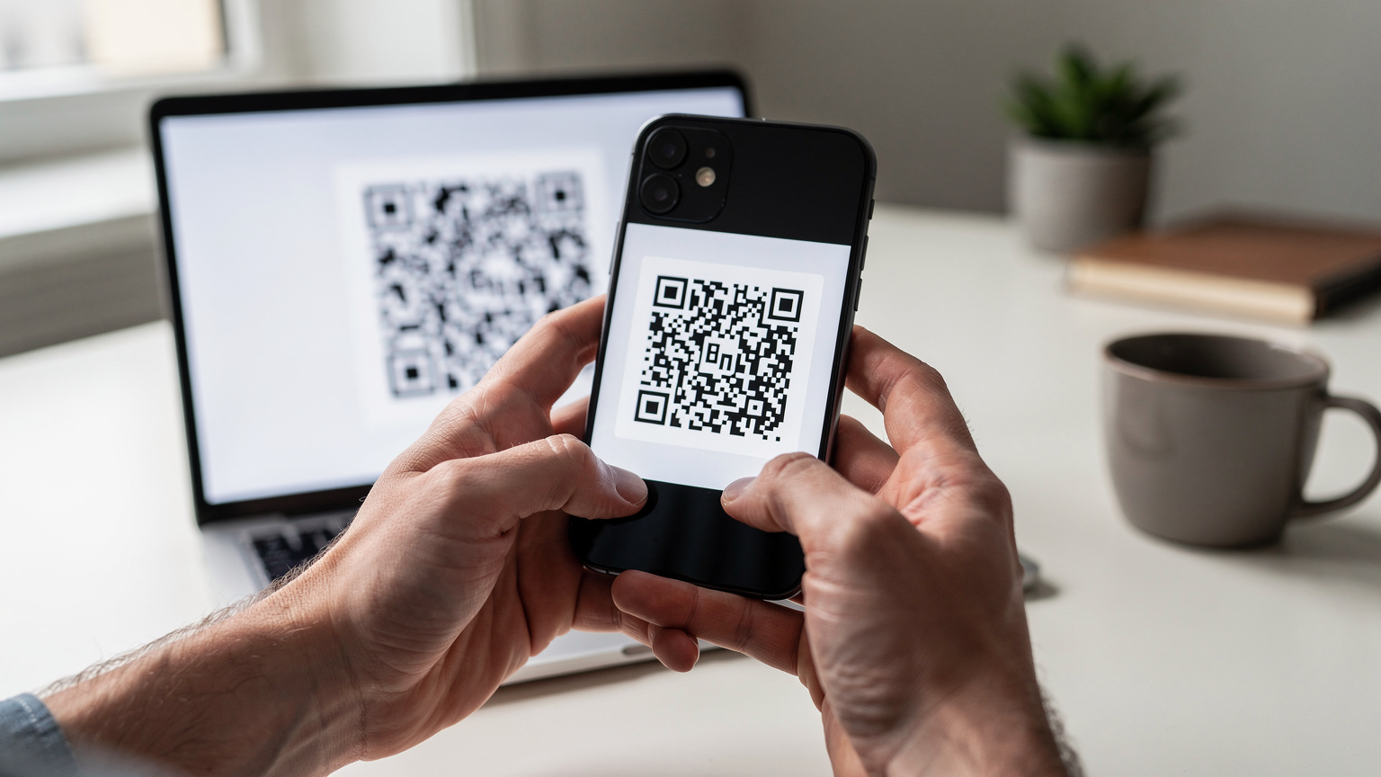 Un gros plan sur les mains d'une personne scannant un QR code sur l'écran d'un ordinateur portable avec un smartphone compatible eSIM, illustrant le processus d'activation simple et sans contact.