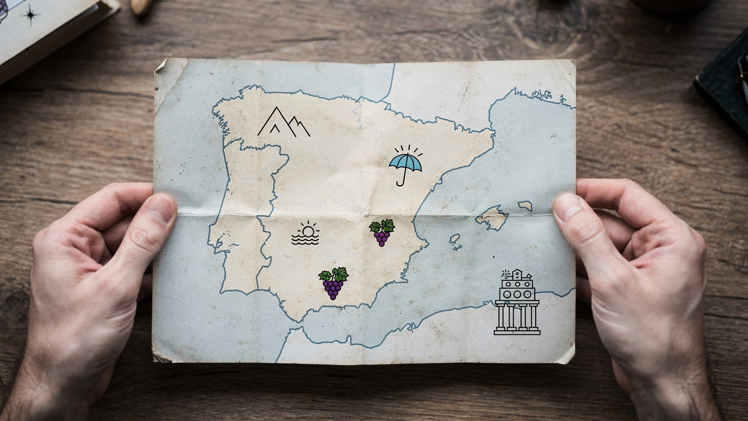 Una persona adulta sosteniendo un mapa de papel de España, con las manos ligeramente arrugadas por el uso, mostrando diferentes iconos que representan la diversidad geográfica y cultural del país: montañas, playas, viñedos y monumentos.