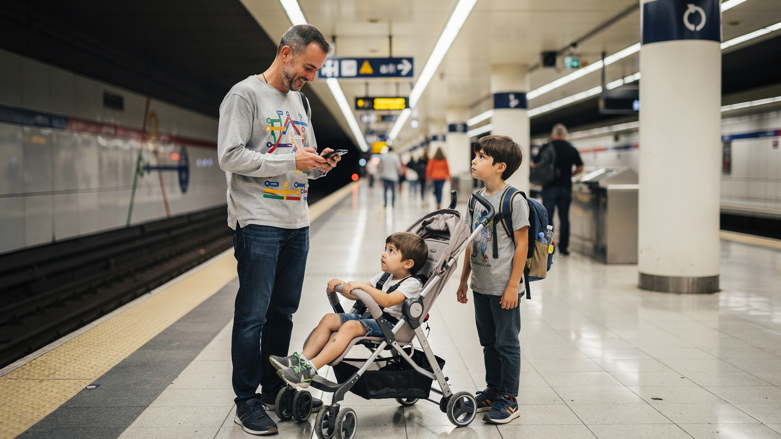 Un padre con dos niños, uno de ellos en un carrito, esperando en una plataforma de metro moderna en Madrid, España, mientras el padre consulta un mapa del metro en su teléfono.