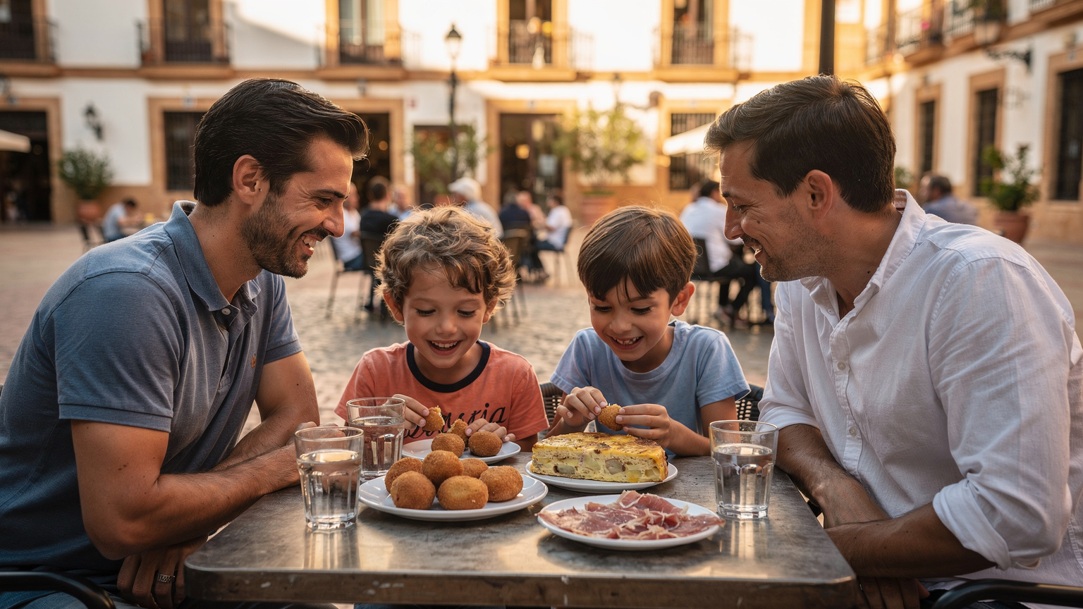Una familia con dos niños, sentados en una mesa al aire libre en una plaza de Sevilla, España, disfrutando de una variedad de tapas como croquetas y tortilla, con sonrisas en sus rostros.