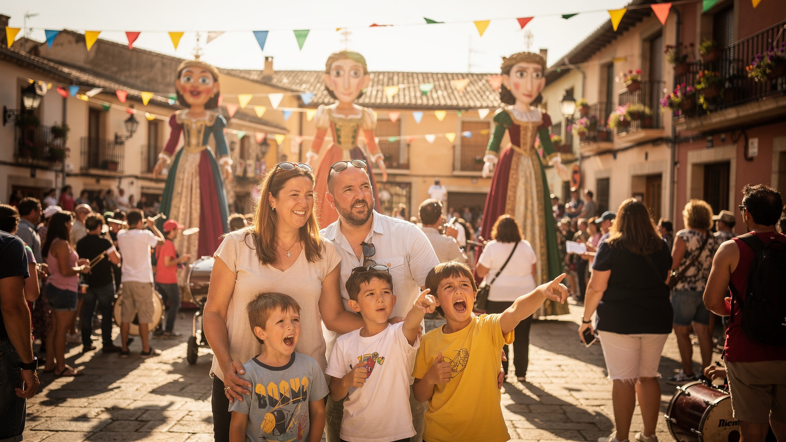 Una familia observando un colorido desfile de 'gigantes y cabezudos' en una plaza de un pueblo español, con los niños señalando emocionados a las figuras, y un ambiente festivo con banderas y música.