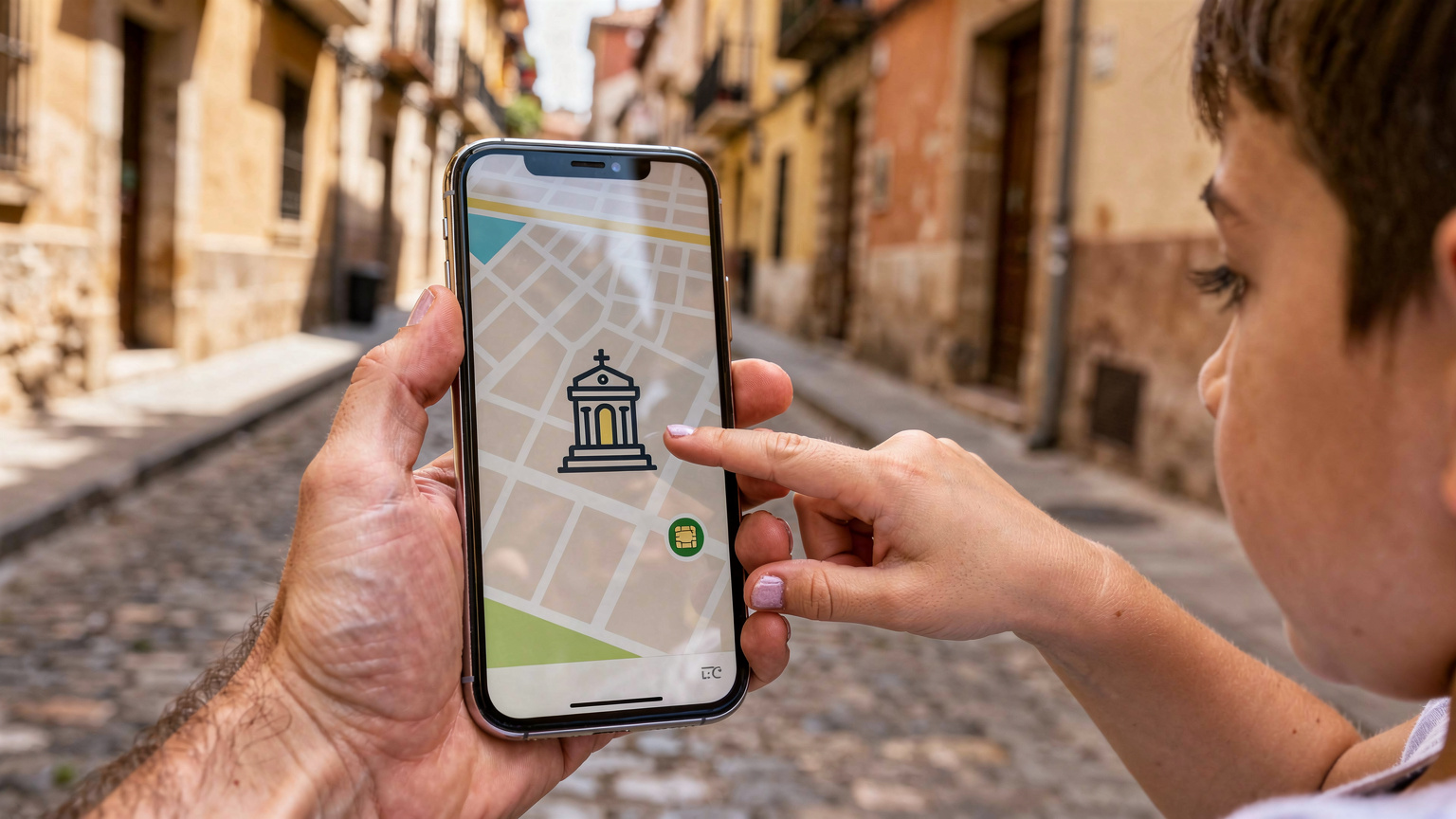 Una mano de adulto sosteniendo un smartphone con una eSIM Cellesim activada, y la mano de un niño pequeño señalando un punto de interés en el mapa digital del teléfono, en el contexto de una calle adoquinada de un barrio histórico español.