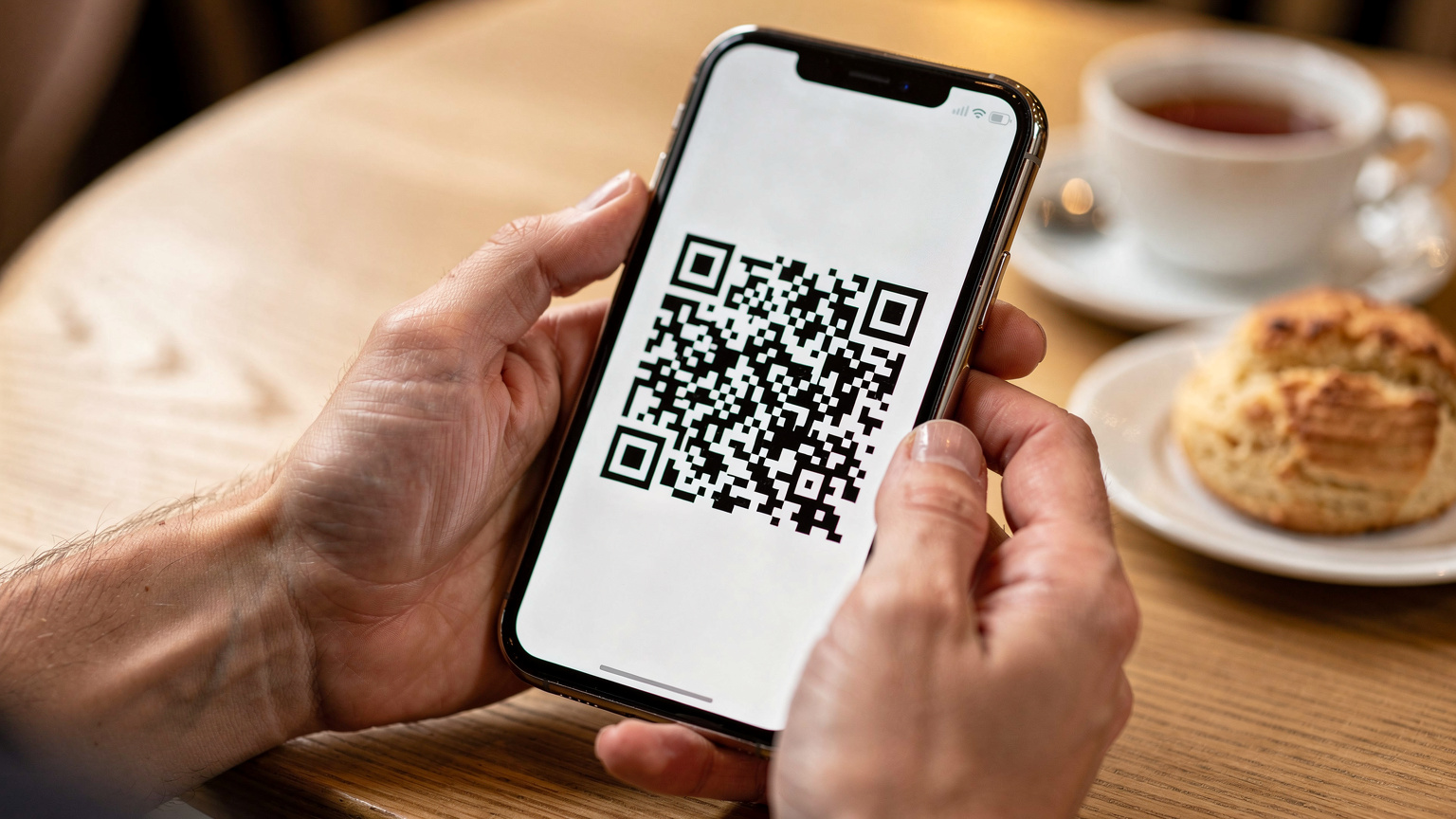 Крупний план рук, що тримають смартфон, з великим, чітким QR-кодом для активації eSIM, на розмитому фоні столика кафе з чашкою чаю.