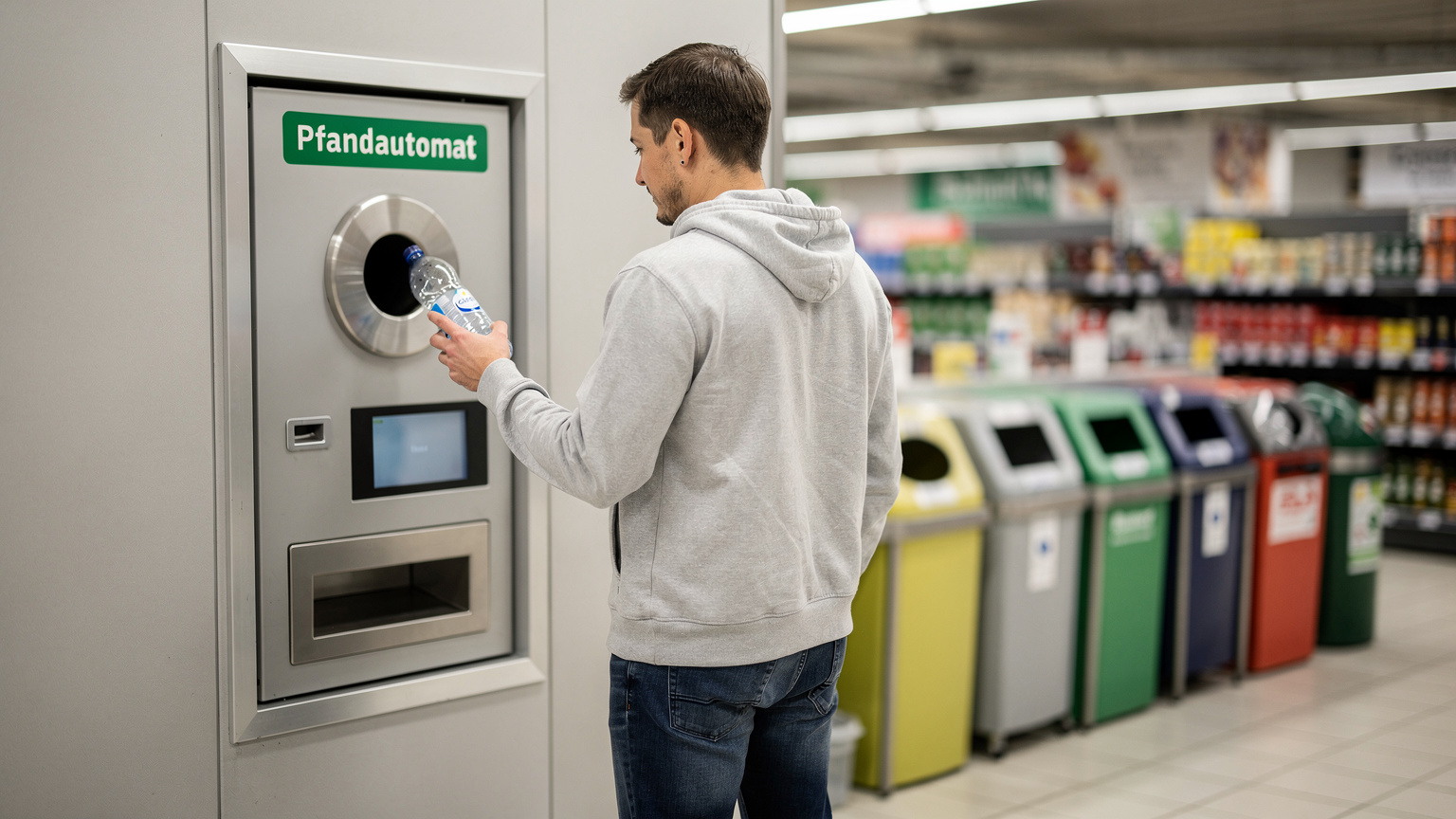 Un viaggiatore si trova davanti a un distributore automatico di bottiglie vuote (Pfandautomat) in un supermercato tedesco, con cestini per la raccolta differenziata in sottofondo.