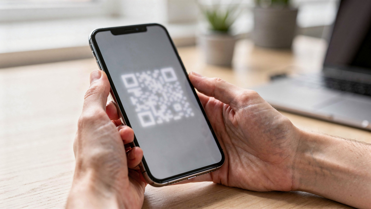 Primo piano di mani che tengono uno smartphone con un codice QR sullo schermo, pronto per la scansione, in un ambiente luminoso e moderno.