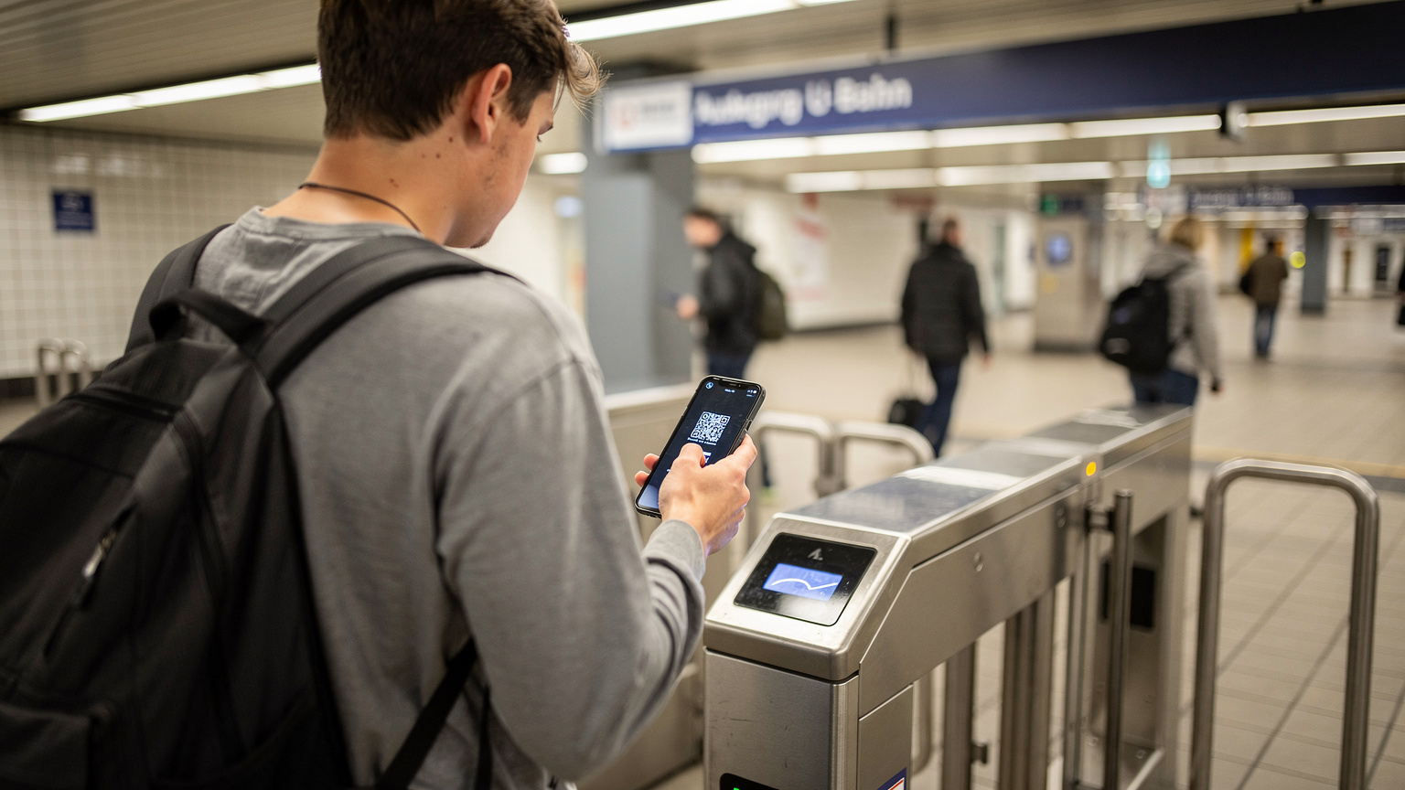 Un viaggiatore scansiona un biglietto elettronico o un codice QR al tornello di una stazione della U-Bahn di Monaco, con il tipico design blu e bianco della segnaletica.