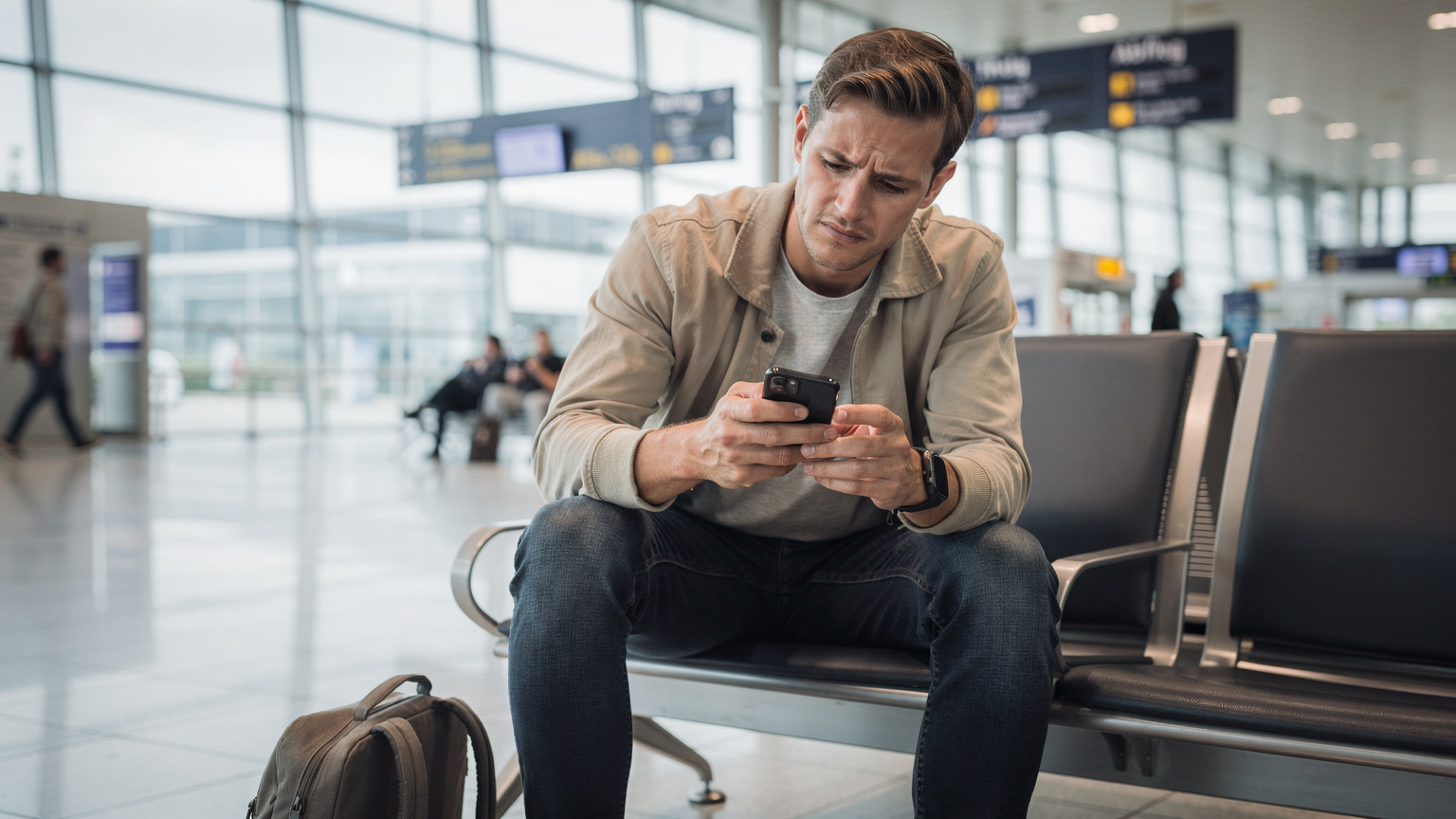 Un viaggiatore guarda con aria preoccupata il suo smartphone, seduto su una panchina di un aeroporto tedesco, suggerendo un problema di connessione.