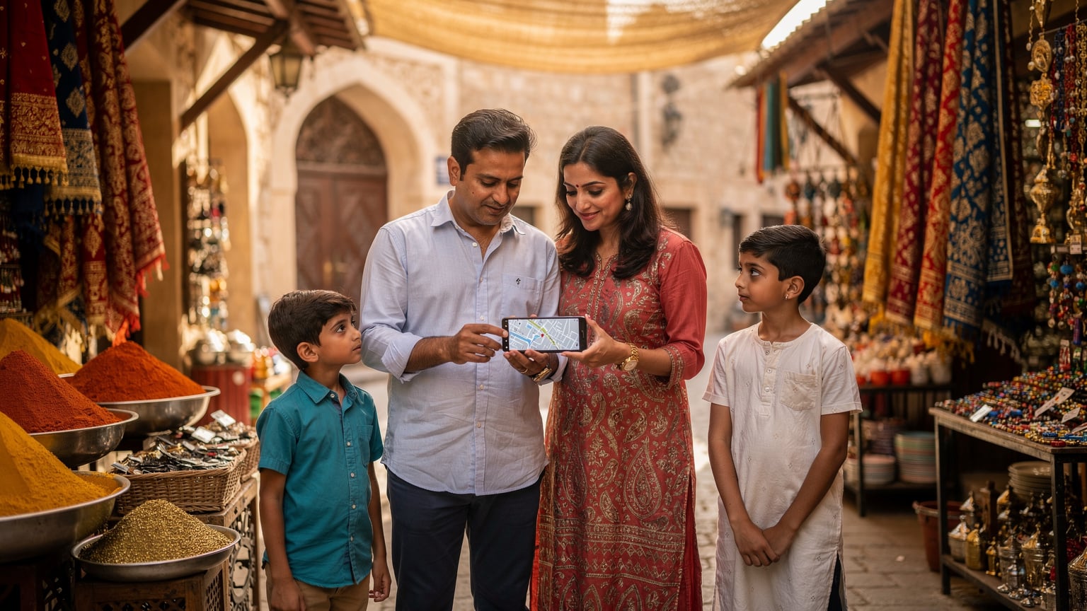 दुबई में एक व्यस्त बाज़ार में एक भारतीय परिवार अपना रास्ता तलाश रहा है, माता-पिता अपने फोन पर मैप्स देख रहे हैं और बच्चे उत्सुकता से आसपास देख रहे हैं।