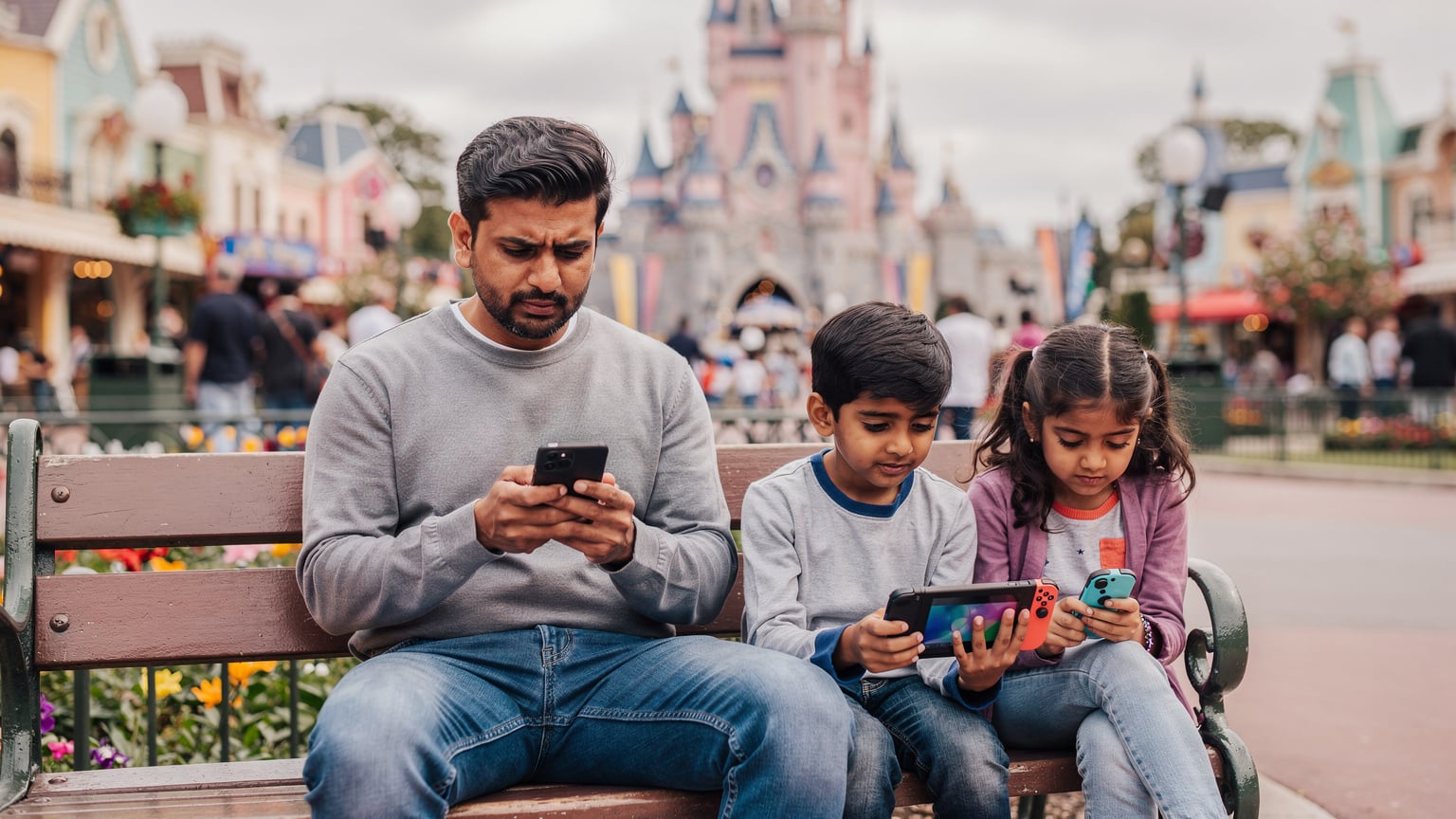 एक पिता डिज्नीलैंड पेरिस के अंदर एक बेंच पर बैठकर अपने स्मार्टफोन पर eSIM सेटिंग्स की जांच कर रहा है, जबकि उसके बच्चे पास में गेम खेल रहे हैं।