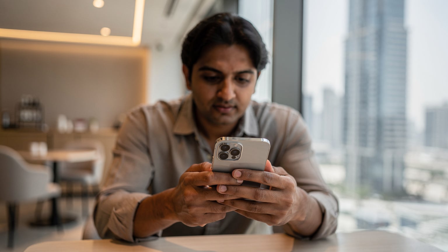 एक माता-पिता दुबई के एक कैफे में बैठे हुए अपने स्मार्टफोन पर 'सेटिंग्स' ऐप में 'स्क्रीन टाइम' या 'डिजिटल वेलबीइंग' सुविधा का उपयोग करते हुए दिख रहे हैं।