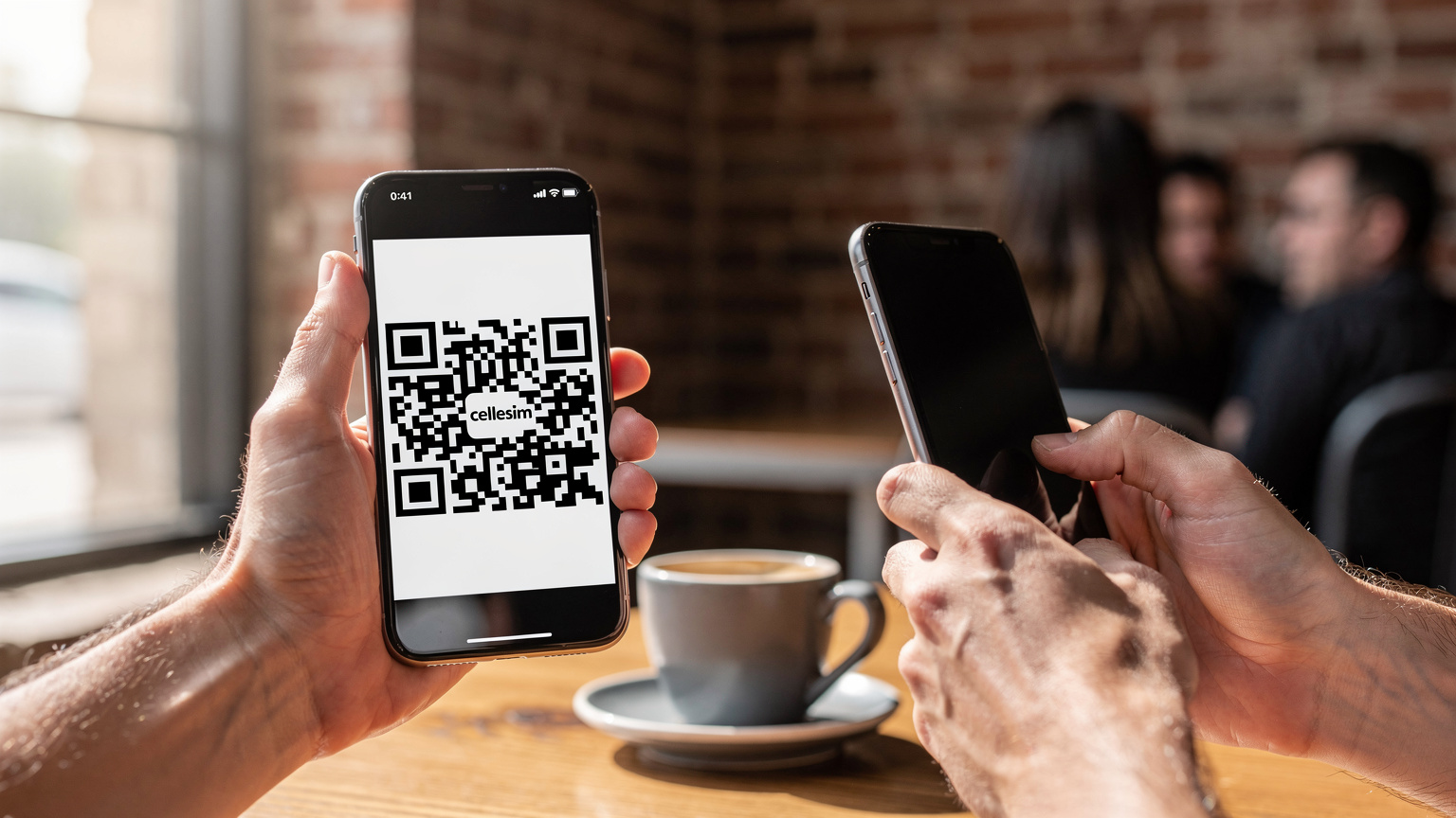 Close-up of human hands holding a smartphone, scanning a QR code for eSIM activation in a bright, contemporary cafe in Austin, Texas.