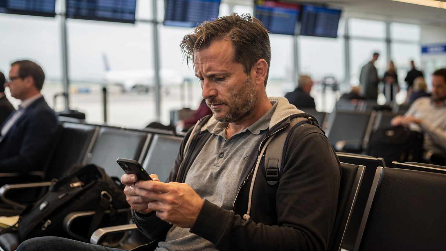 A frustrated male traveler in his 40s, looking at his smartphone with a concerned expression at a busy airport gate, possibly experiencing connectivity issues.
