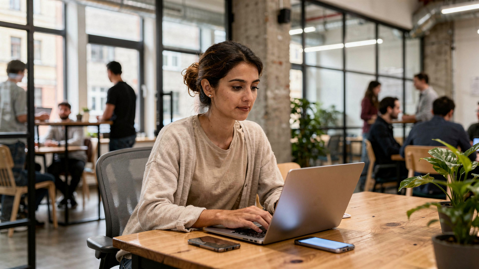 Digitální nomádka pracuje v pulzujícím co-workingovém prostoru v Berlíně, s notebookem a telefonem na stole. V pozadí je vidět moderní interiér s lidmi u skleněných stěn a minimalistickým nábytkem.