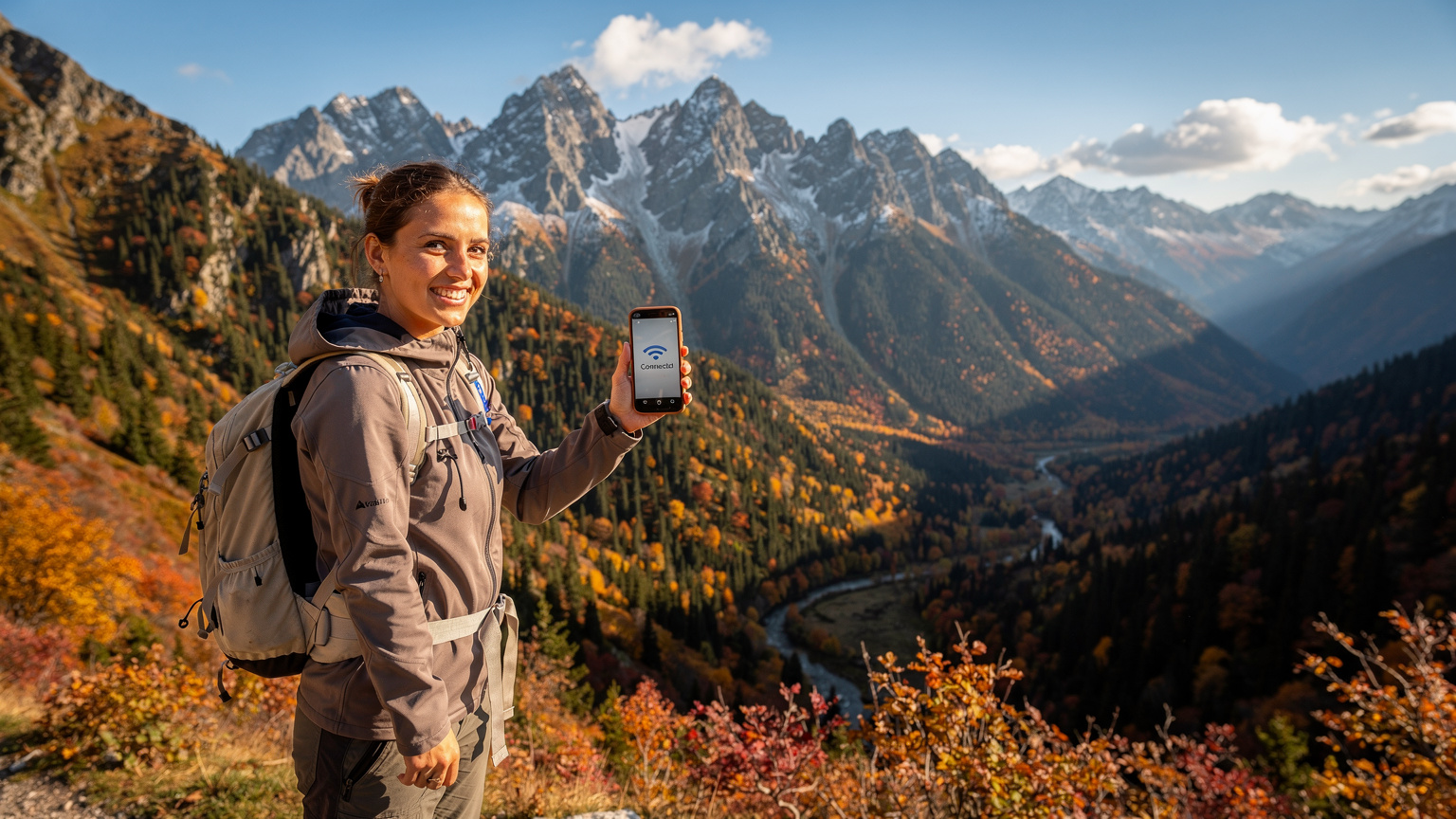 Cestovatelka se usmívá a drží svůj smartphone s aktivní eSIM, zatímco v pozadí je vidět malebná krajina Vysokých Tater s ostrými štíty a hustými lesy. Je podzim, listy jsou zbarvené do teplých odstínů.