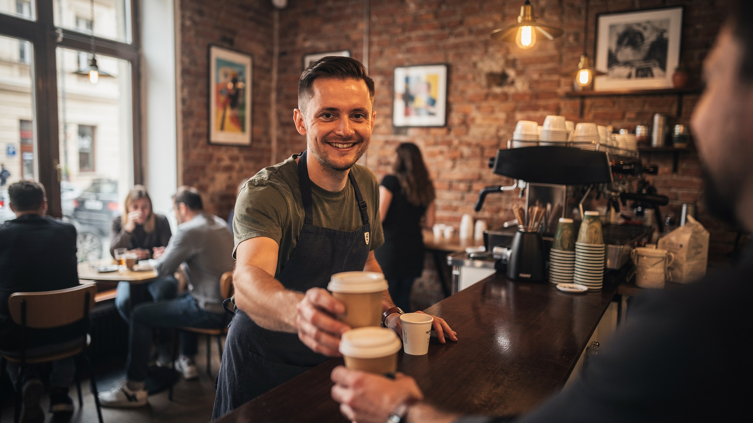 Usměvavý barista podává kávu zákazníkovi v pulzující kavárně v Praze. V pozadí je vidět útulný interiér s cihlovou zdí, dřevěným nábytkem a místními uměleckými díly, odrážející českou kulturu.