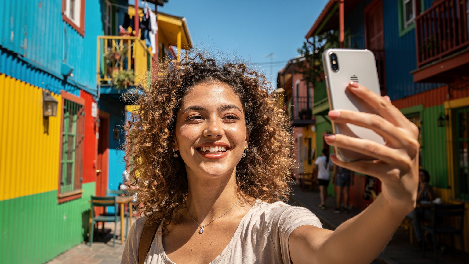 Una mujer joven con cabello rizado sonríe mientras toma un selfie con su teléfono frente a las coloridas casas del barrio de La Boca en Buenos Aires, Argentina, su teléfono con una conexión estable.