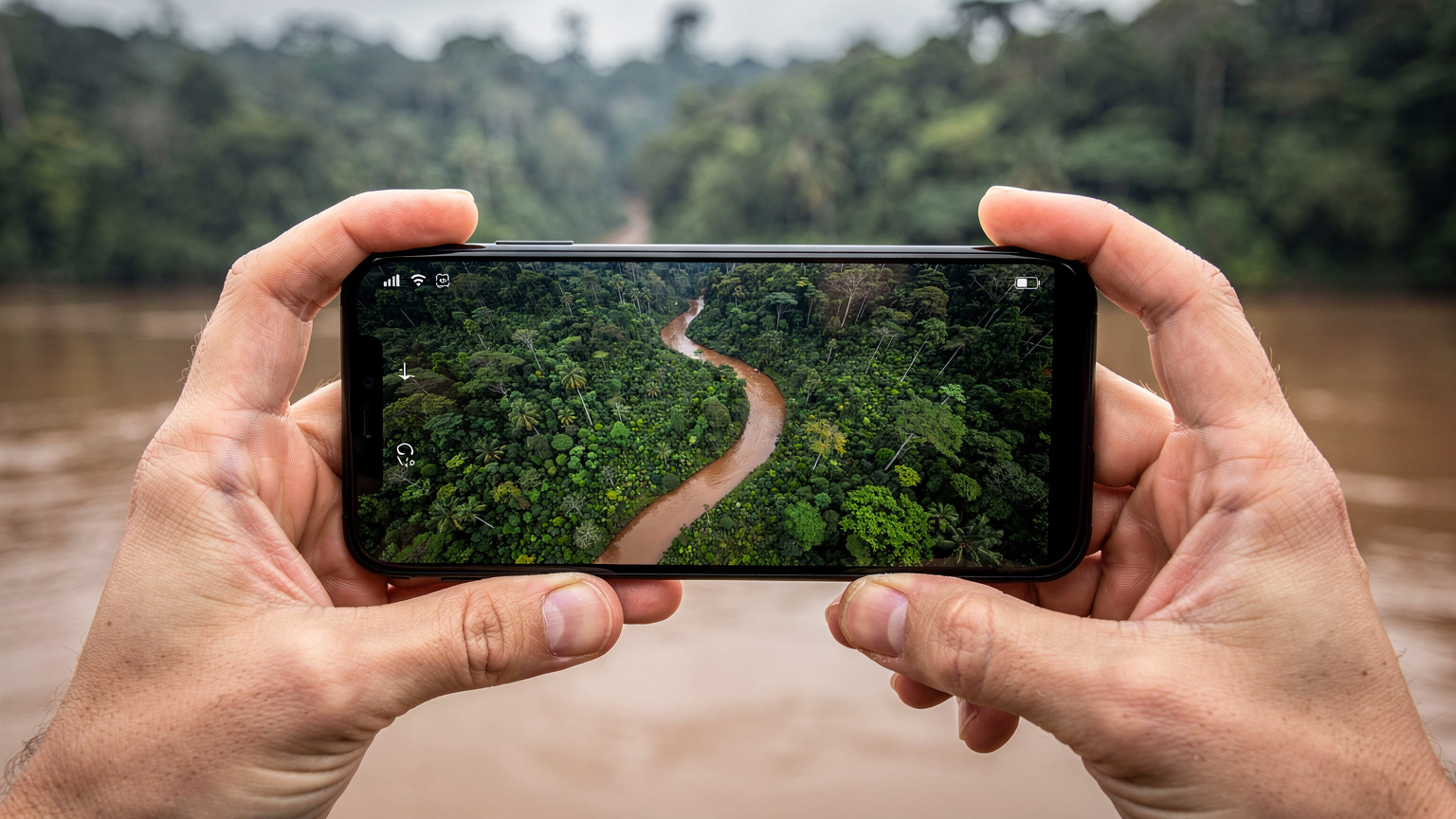 Primer plano de unas manos sosteniendo un teléfono con un mapa de la selva amazónica, con el río y la densa vegetación como fondo borroso, sugiriendo una conexión en un lugar remoto.