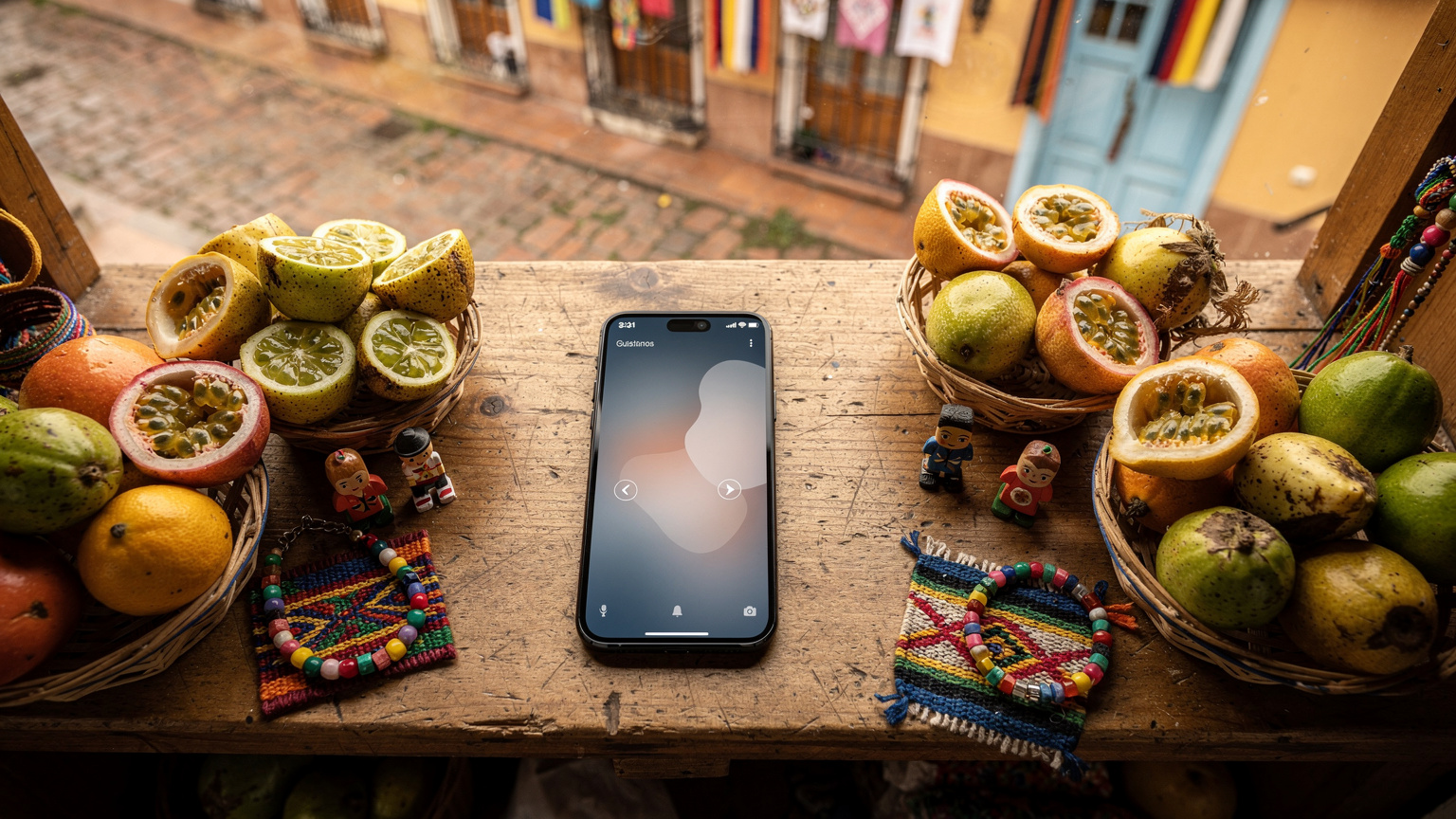 Un pequeño y colorido puesto de mercado en el barrio de La Candelaria en Bogotá, Colombia, con un teléfono móvil en primer plano mostrando una conexión estable. Refleja la autenticidad local y la conectividad en un entorno vibrante.