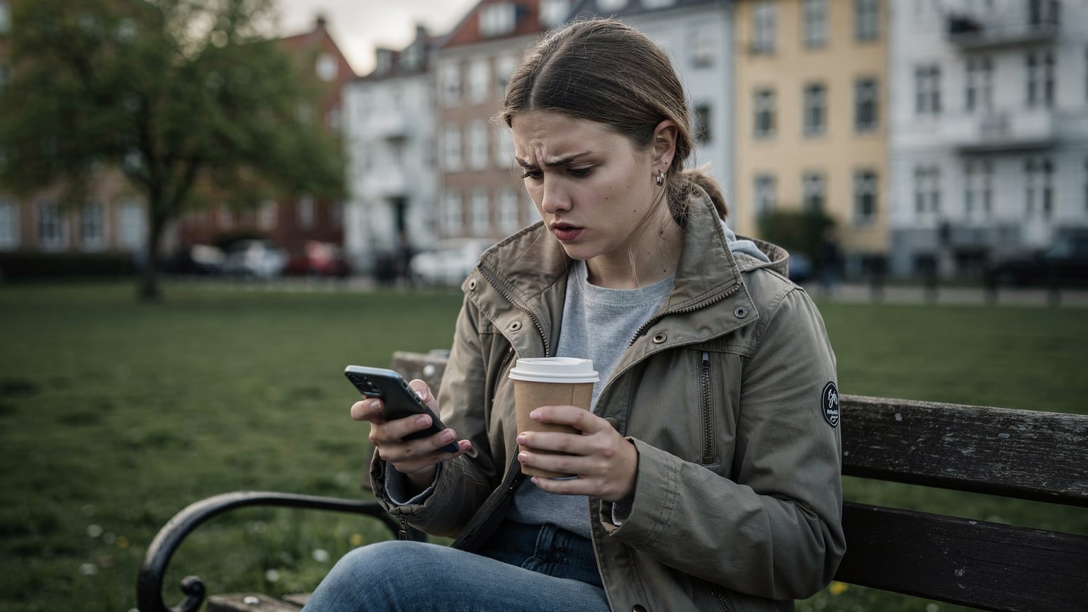 Młoda kobieta siedząca na ławce w Kopenhadze, zaniepokojona patrzy na ekran telefonu, trzymając w ręku papierowy kubek kawy, sugerując problem z łącznością.
