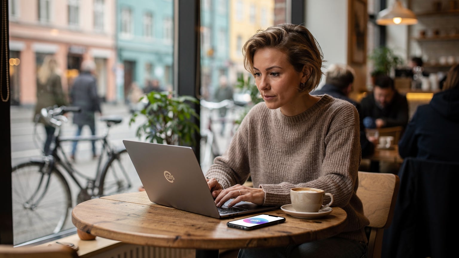 Kobieta z laptopem i telefonem przy stoliku kawiarnianym w centrum Oslo, korzystająca z internetu eSIM.
