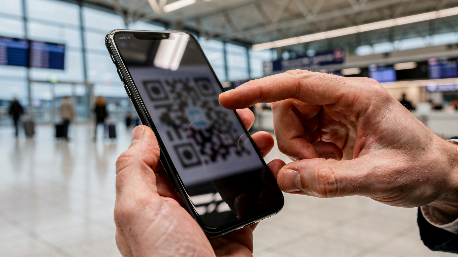 Zbliżenie na dłonie trzymające smartfon, na ekranie którego widać proces skanowania kodu QR eSIM, na tle pasażerów na lotnisku Gardermoen w Oslo.