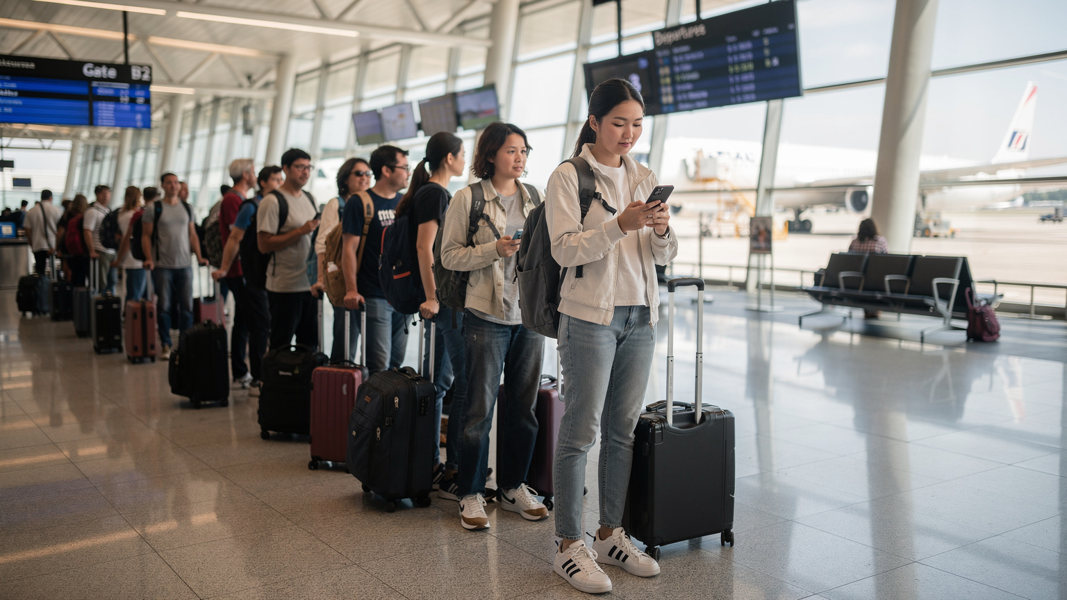 一個繁忙的機場登機口,旅客們排隊準備登機,背景是停機坪上的飛機和遠處的指示牌。畫面中央,一位年輕的亞洲女性旅客正在使用手機查看eSIM設置,她的表情略帶期待,準備開始她的旅程。