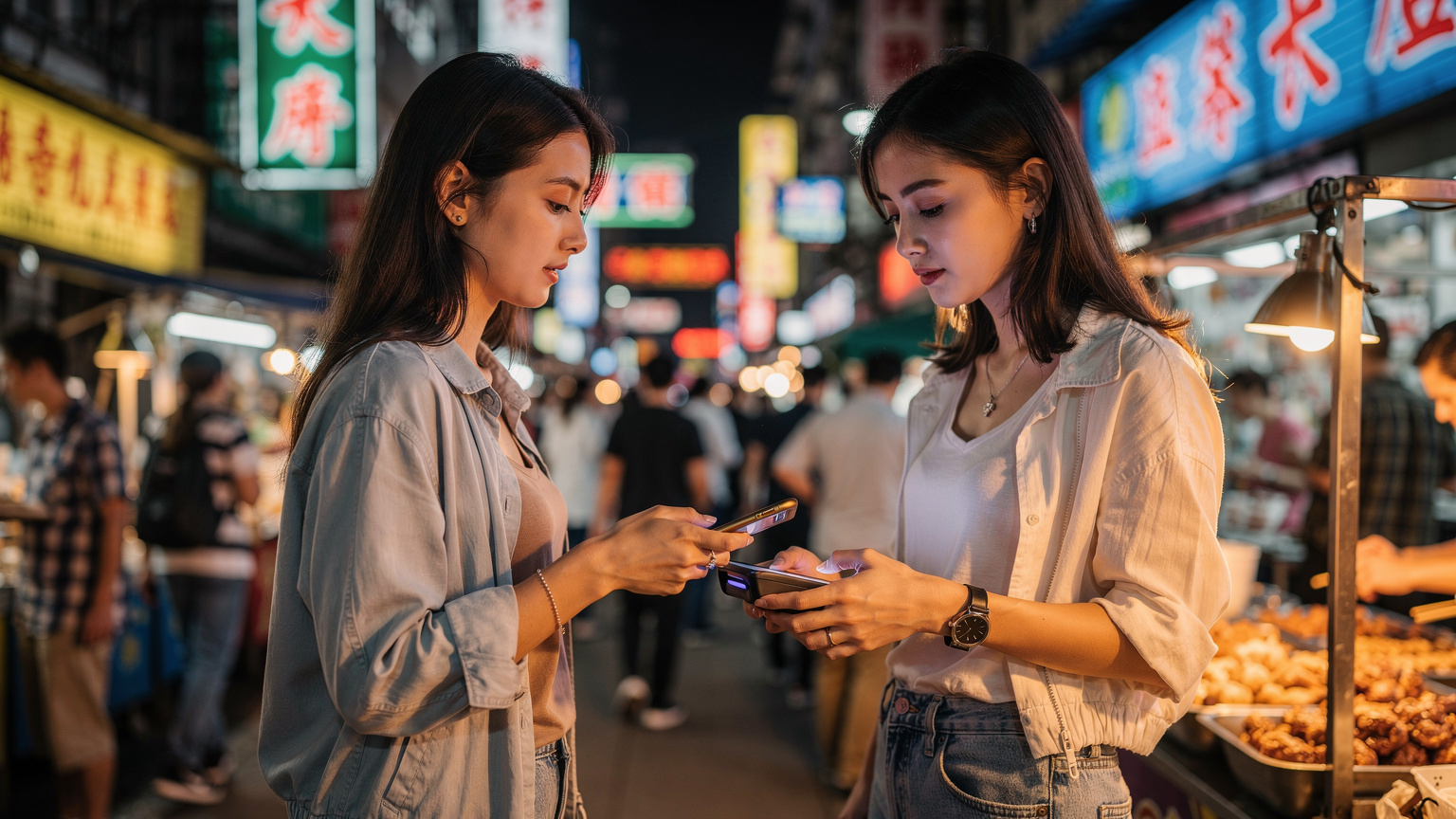 一名年輕女性在香港彌敦道繁忙的夜市街頭,手持智慧型手機進行移動支付,背景是色彩斑斕的霓虹燈招牌、傳統商店和熙熙攘攘的人群,展現了現代科技與傳統文化的融合。