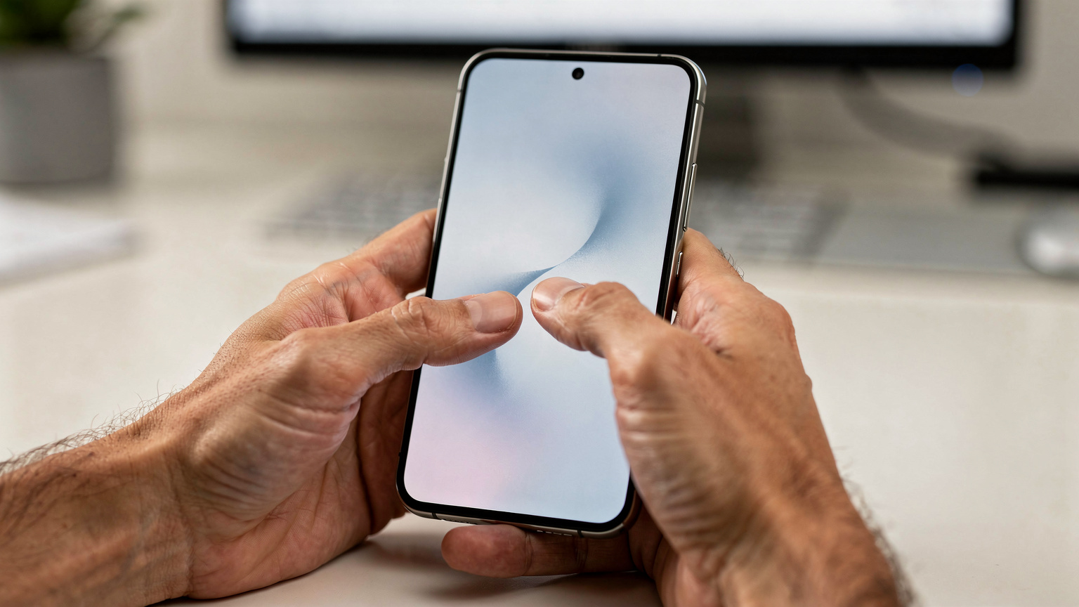 Close-up of hands navigating the SIM manager on a Samsung Galaxy S26 to rename an eSIM profile, with a blurred background.