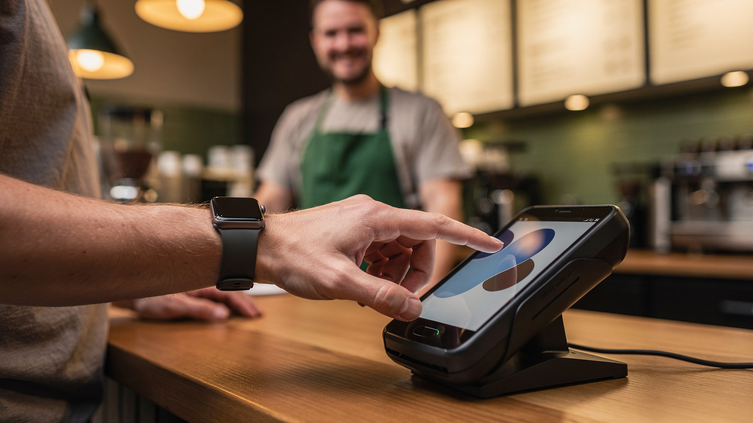 En reisende bruker Apple Pay med sin Apple Watch for å betale for en kaffe på en Starbucks i Seattle sentrum, med en lokal barista i bakgrunnen.