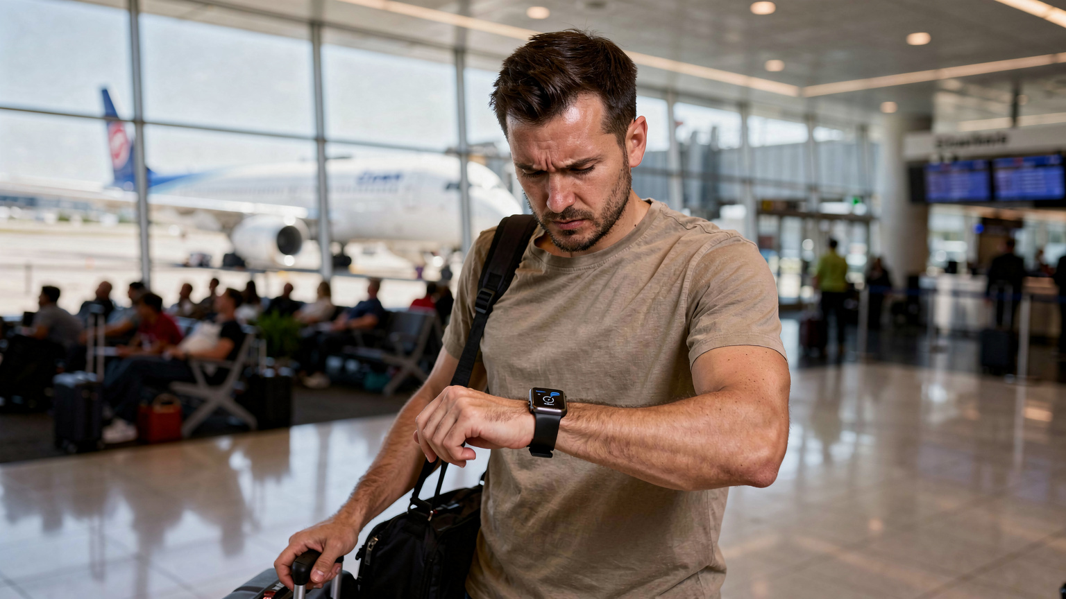 En frustrert reisende ser på sin Apple Watch med 'Ingen tjeneste' på skjermen, mens han står foran et travelt flyplassgate på Newark Liberty International Airport, symboliserende et tilkoblingsproblem.