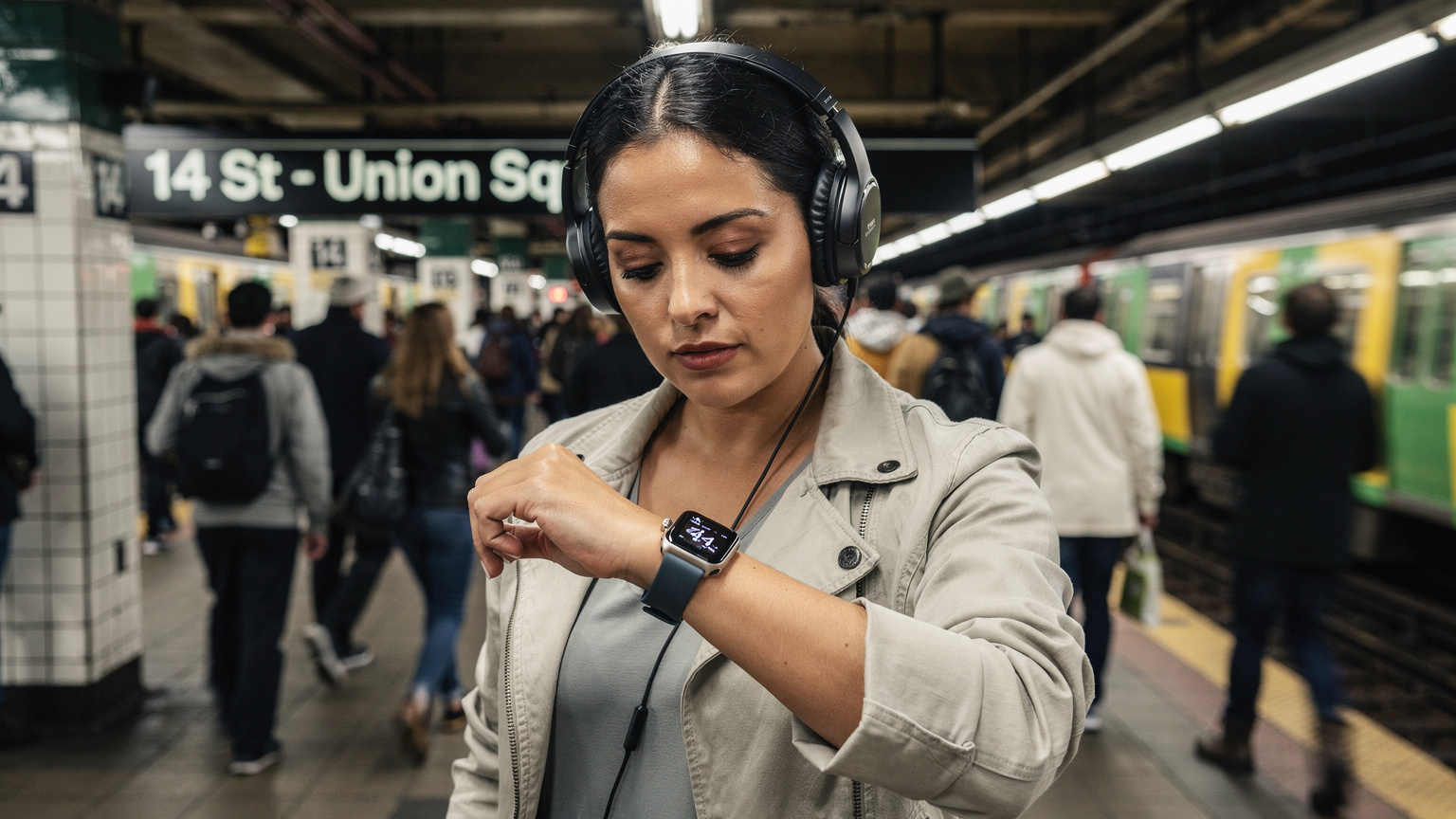 En kvinne med hodetelefoner lytter til musikk via Apple Watch på en travel t-banestasjon i New York, mens hun sjekker reiseplanen på skjermen.