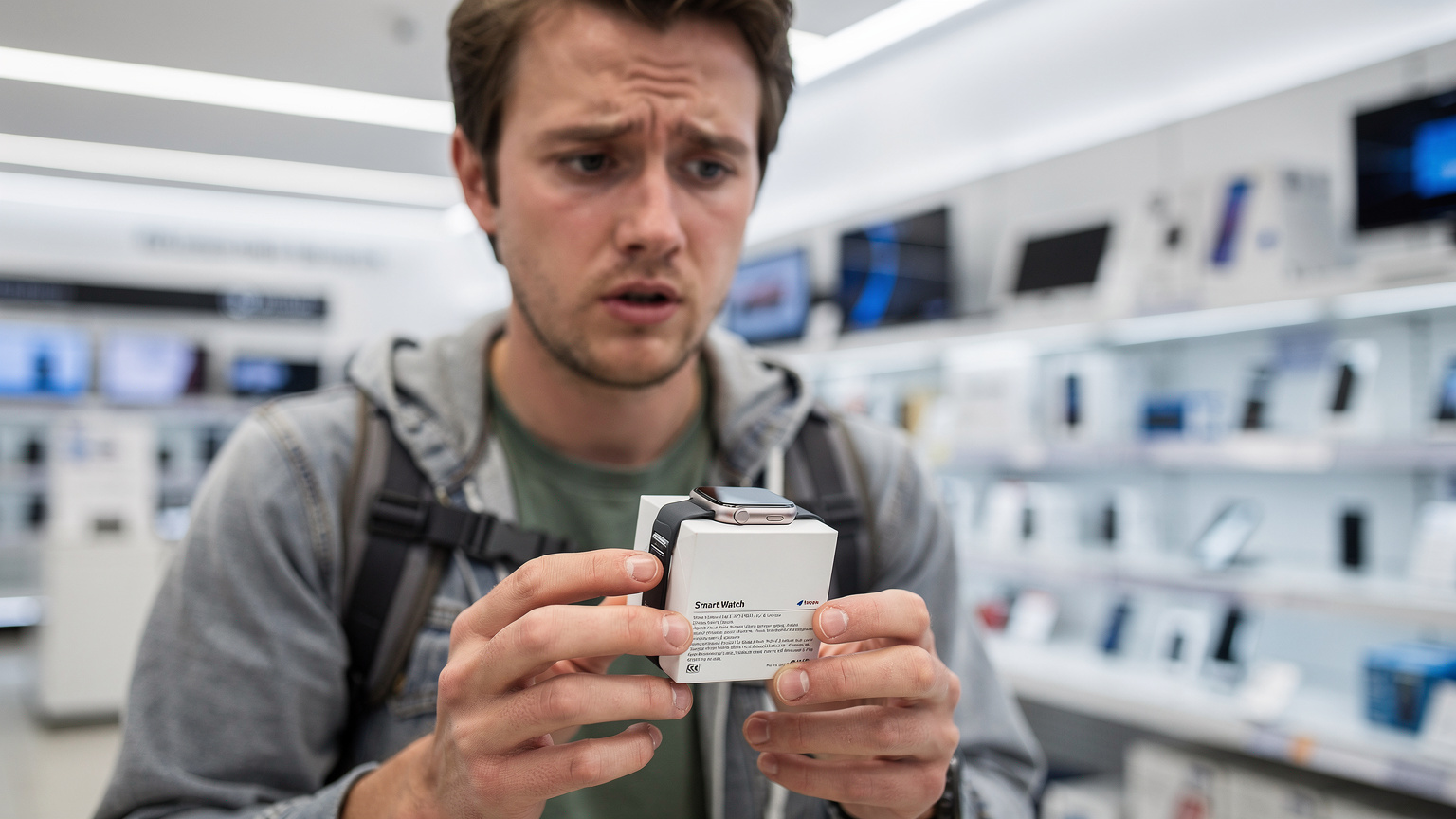 En reisende sjekker den lille skriften på Apple Watch-esken i en amerikansk elektronikkbutikk for å forsikre seg om at modellen er kompatibel med lokale nettverk.