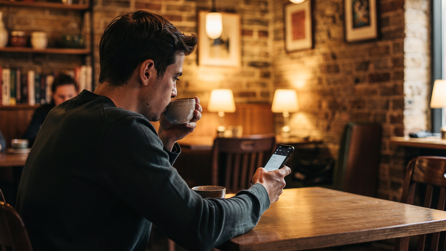 Un café acogedor en el barrio de Fitzrovia en Londres, con una persona disfrutando de un té y utilizando su smartphone, simbolizando la facilidad de la conexión eSIM.